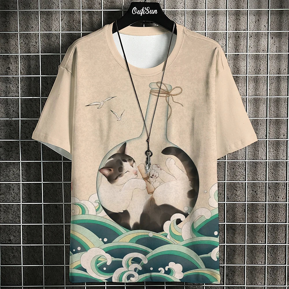 Japanese Style Men's T-Shirt Ukiyo-e Painting Animal Printed Tees Casual Loose Short Sleeve T-shirts Oversized Men Clothing Tops