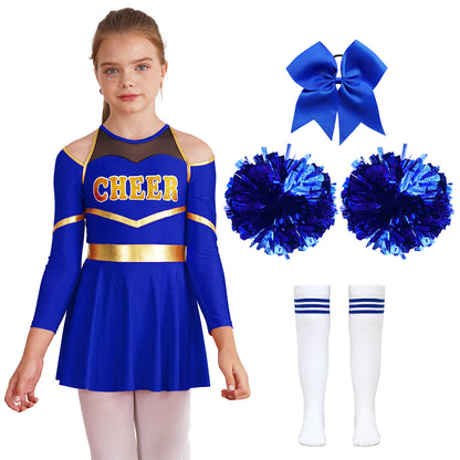 Kids Girls Cheerleader Costume Halloween Cheerleading Dress with Pom Poms Bow Hair Clip Socks Birthday Party Gifts