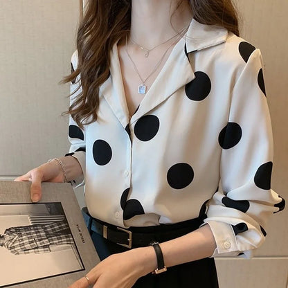 Polka Dot Women's Shirt Elegant Lapel Button-up Blouse Long Sleeve Summer  Tops Vintage Casual Female Clothing DF4931