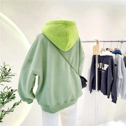 Fashion Patchwork Oversize Sweatshirt Women Winter Casual Loose Cotton Thick Letter Long Sleeve Hoodies Female Streetwear