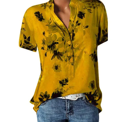 Elegant women's shirt printing large size casual shirt fashion V-neck short-sleeved shirt blouse