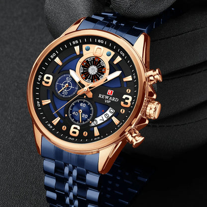 REWARD New Mens Watches Stainless Steel Luxury Waterproof Chronograph Luminous Wrist Watch Fashion Men Sports Quartz Watch