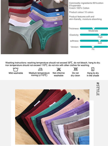 3Pcs/Set Women Sexy Cotton Thongs Solid V-Waist Stripe Lady Panties Breathable G-String Soft Underwear Female Intimates Lingerie