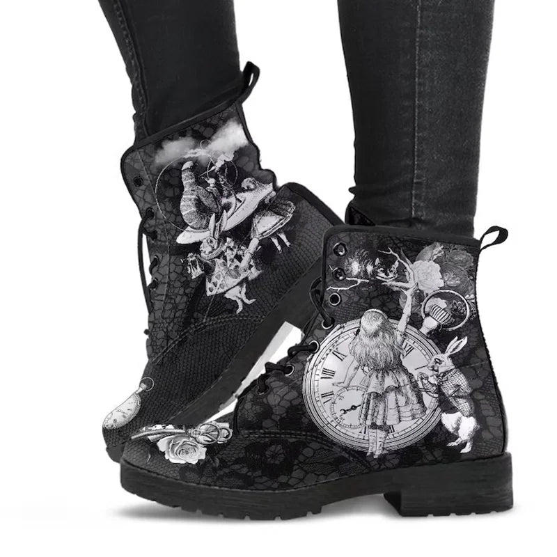 Women Ankle Boots Low Heels Shoes Woman Vintage PU Leather Autumn Warm Winter High Snow Boots 2022 Skull Flower Print Boots