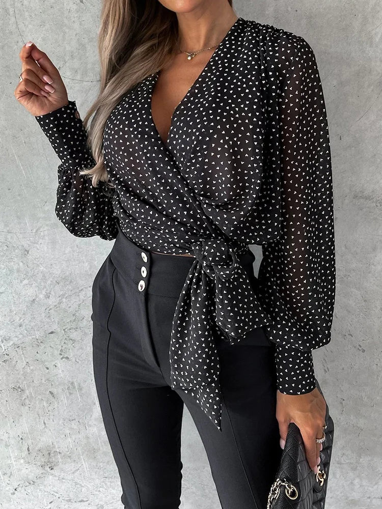 New Leopard Print Women Chic Blouses Spring Autumn Straight Patchwork Ladies Simple Sweatshirts V-Neck Lace-Up Streetwear Blusas