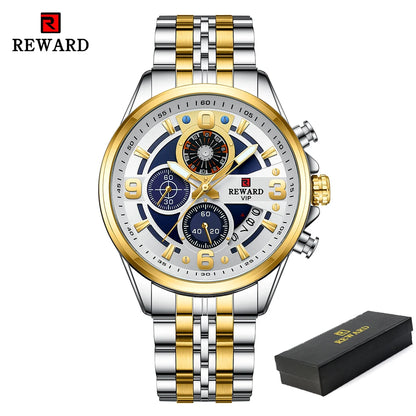 REWARD New Mens Watches Stainless Steel Luxury Waterproof Chronograph Luminous Wrist Watch Fashion Men Sports Quartz Watch