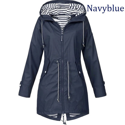 Fashionable women's windproof and waterproof trench coat Long sleeved coat Casual pants Zipper hooded raincoat S~5XL