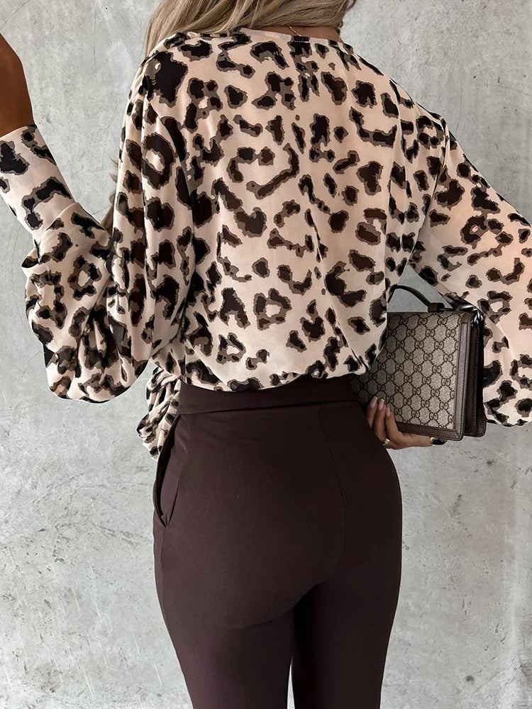 New Leopard Print Women Chic Blouses Spring Autumn Straight Patchwork Ladies Simple Sweatshirts V-Neck Lace-Up Streetwear Blusas