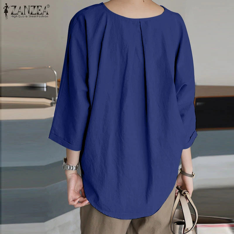 ZANZEA Spring Summer Women Blouse Casual 3/4 Sleeve O Neck Shirt Solid Baggy Tunic Tops Vintage OL Work Blusas Femme Chemise