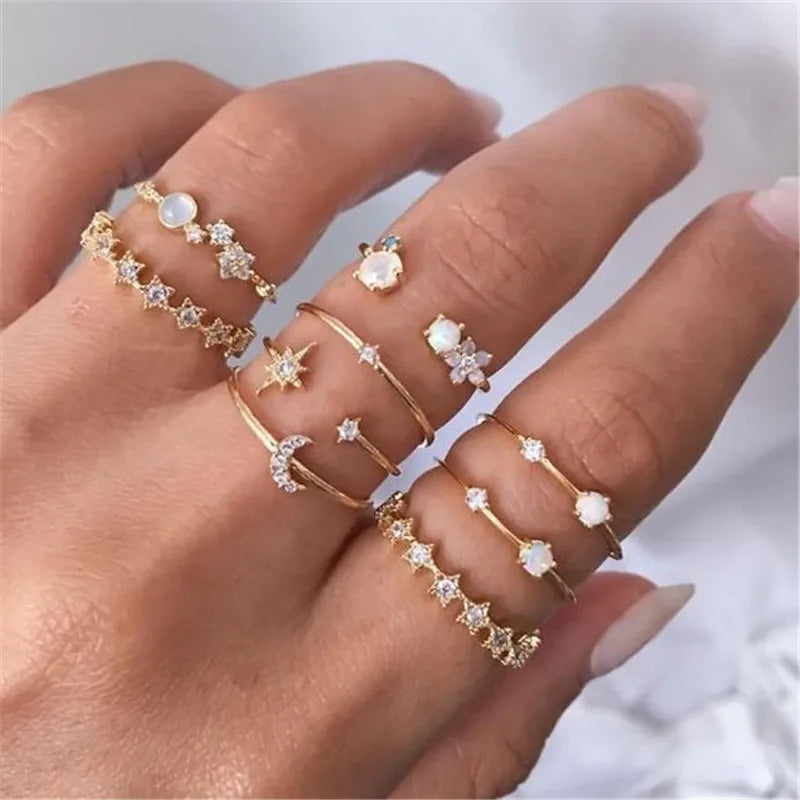 LETAPI 2024 New Fashion Bohemian Heart Ring Set For Women Crystal Stars Moon Flower Love Geometric Finger Vintage Jewelry Gifts