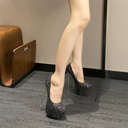 Aneikeh 2025 Sequined Cloth Platform Super High Heels WomenFashion Sexy Round Head Thin Heels Single Shoes Party Wedding Mules