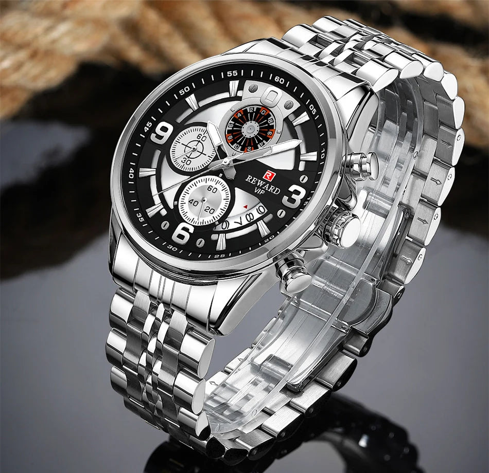 REWARD New Mens Watches Stainless Steel Luxury Waterproof Chronograph Luminous Wrist Watch Fashion Men Sports Quartz Watch