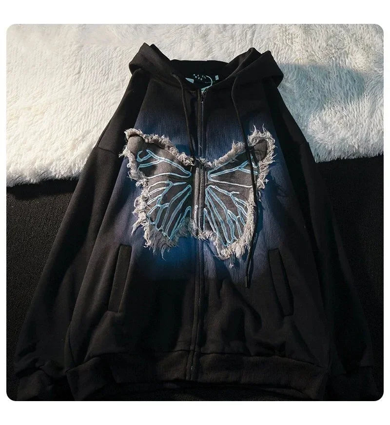 Street Popular Vintage Butterfly Patch Zipper Hoodies Women Y2K New Harajuku Casual Loose Sweatshirt Couple Fashion Joker Hoodie