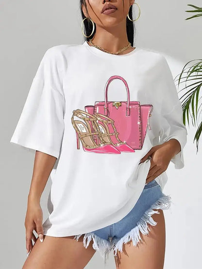 Pink High Heels Lady's Bag Print T-shirts Women Street Hip Hop Clothes Summer Breathable Short Sleeve Summer Soft Tee Top Female