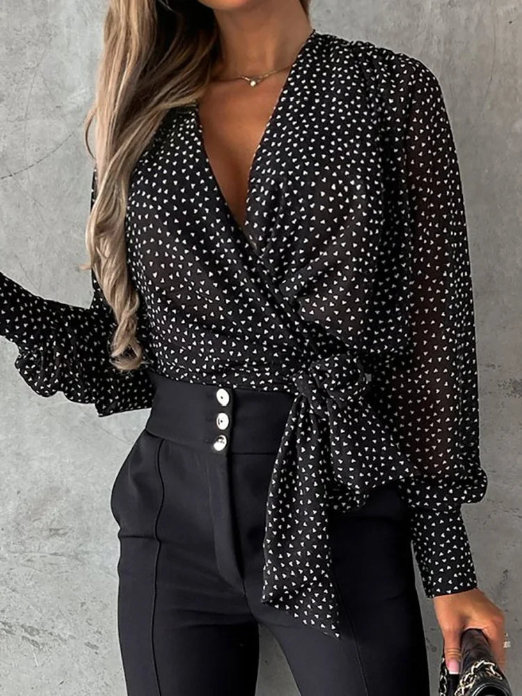 New Leopard Print Women Chic Blouses Spring Autumn Straight Patchwork Ladies Simple Sweatshirts V-Neck Lace-Up Streetwear Blusas