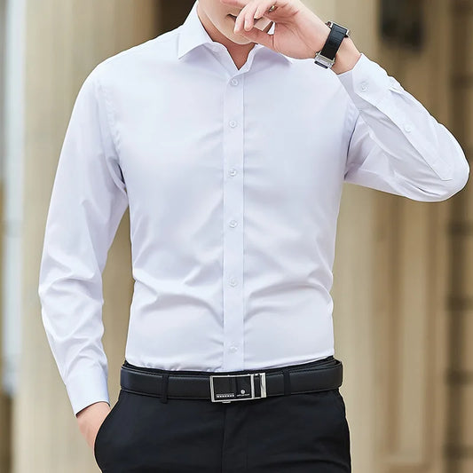 New Plus Size Men Solid Color Business Shirt Fashion Classic Basic Casual Slim White Long Sleeve Shirt Brand Clothes