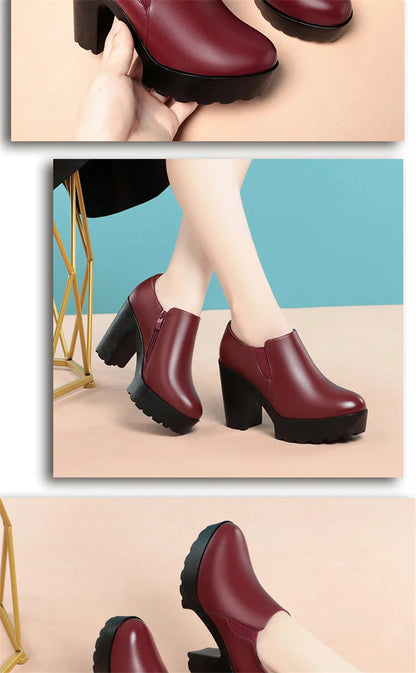 Comfortable Thick Bottom Deep Mouth Soft Leather Shoes 2024 Spring Block High Heels Single Shoes for Office Model Dance