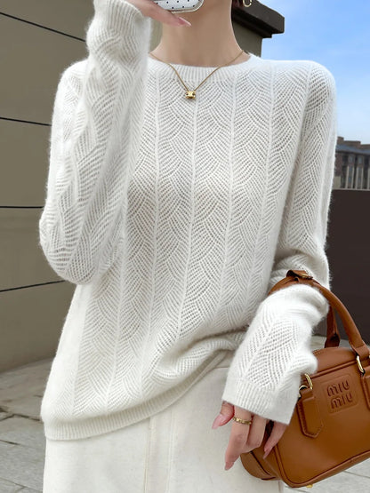 Women’s 100% Merino Wool Sweater Pullovers Hollow Out O-neck Cashmere Autumn Winter Long Sleeve Solid Grace Fashion Clothing Top