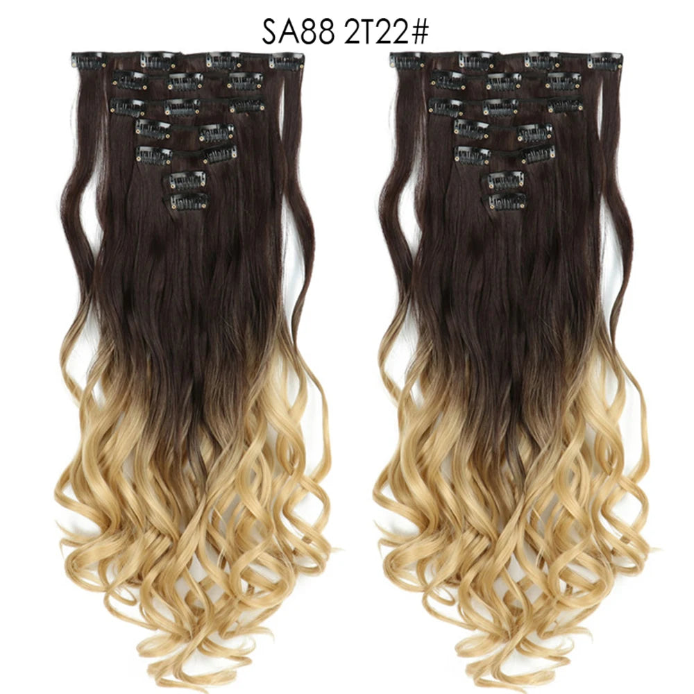 LINWAN Hair 22inch Ombre Hair Long Curly Hair Extension 16 Clips High Tempreture Synthetic Hairpiece Clip In Hair Extensions