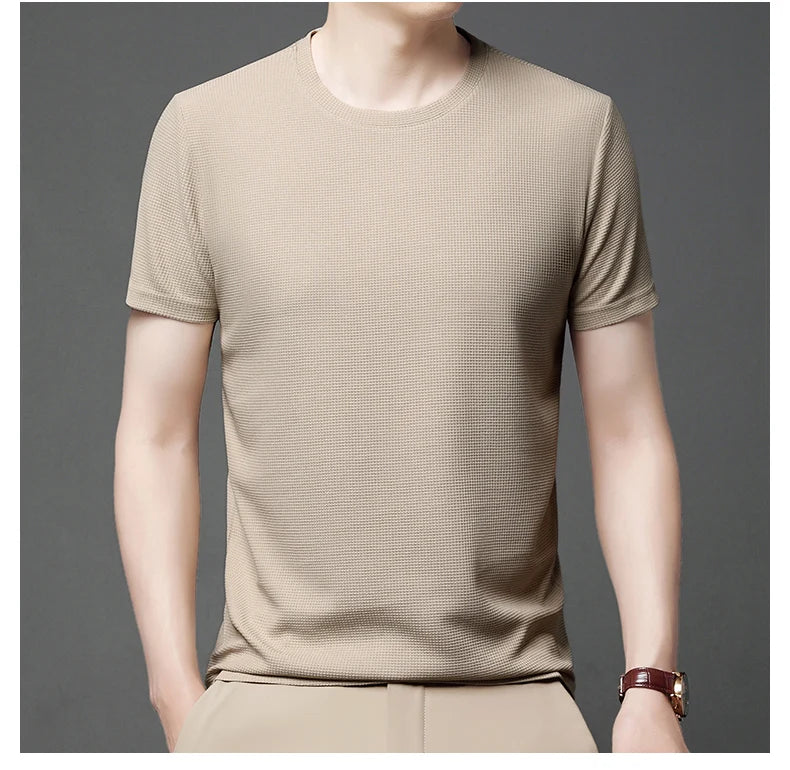 Short sleeved Polo shirShort sleeved Waffle Solid Polot fashion splicing men's round neck top cotton daily short sleeved T-shirt