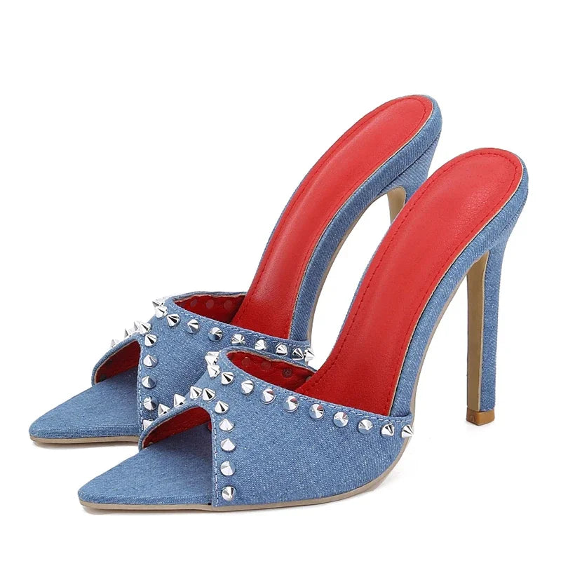 Denim Design Rivet Slippers Women Pointed Toe Slide Shoes Fashion Party Prom Stiletto Thin Heels Sandals