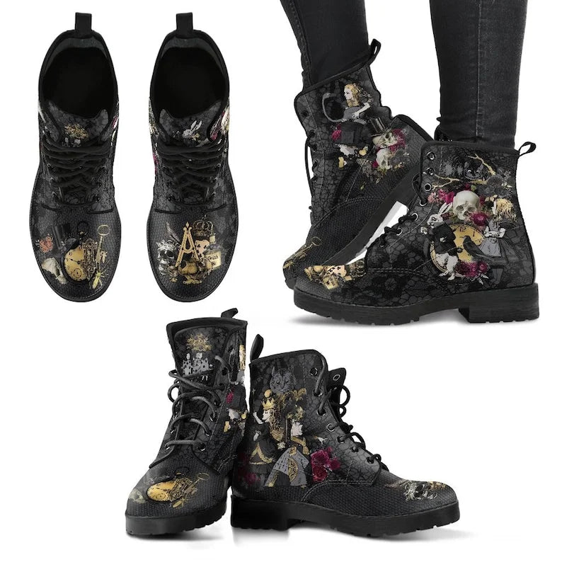 Women Ankle Boots Low Heels Shoes Woman Vintage PU Leather Autumn Warm Winter High Snow Boots 2022 Skull Flower Print Boots