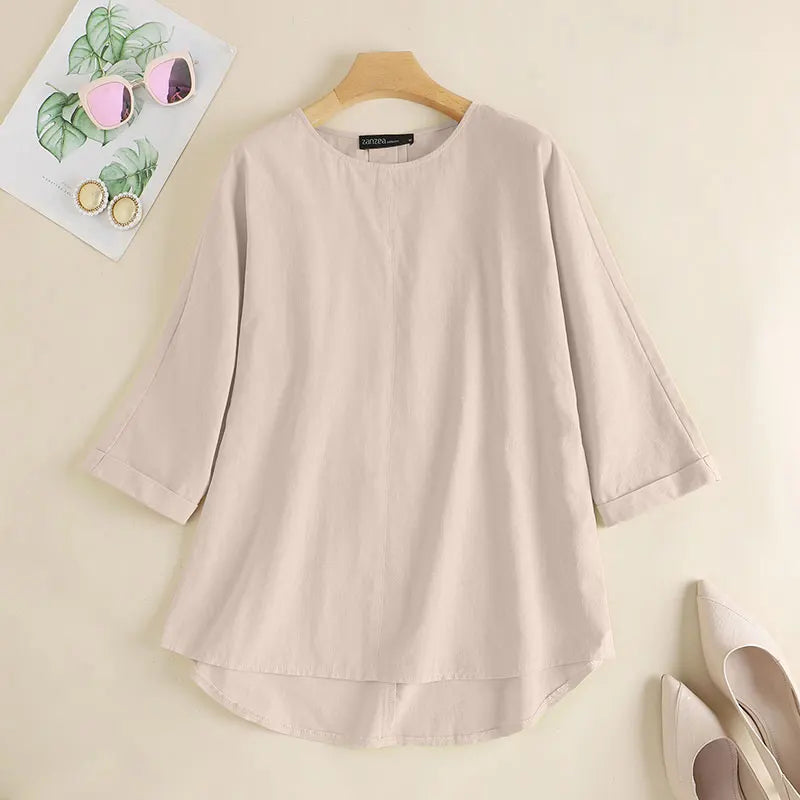 ZANZEA Spring Summer Women Blouse Casual 3/4 Sleeve O Neck Shirt Solid Baggy Tunic Tops Vintage OL Work Blusas Femme Chemise