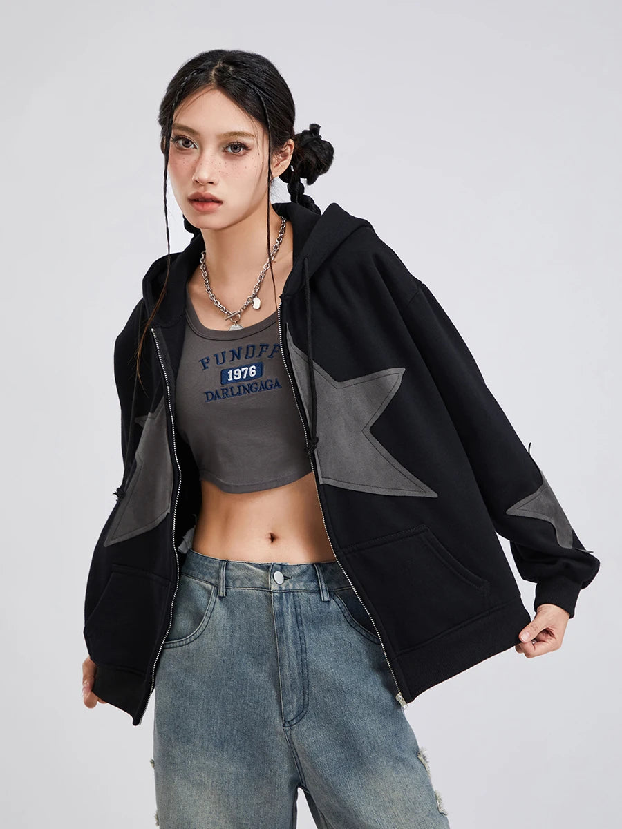 Y2K Vintage Star Print Hooded Hoodie for Women Casual Loose Long Sleeve Zip Up Drawstring Sweatshirts Autumn Spring Coat Street