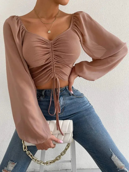 Sexy Women Mesh Lantern Sleeves Drawstring Wrap Chest Bare Midriff T Shirt Women Long Sleeves Bottoming