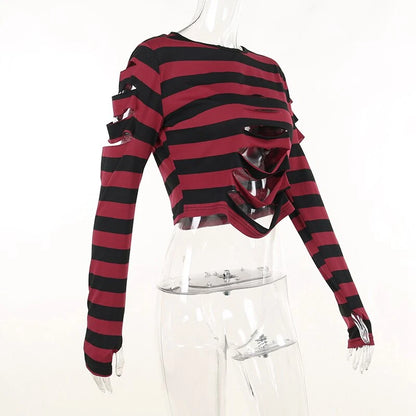 Harajuku Punk Style Crop Tops Dark Academia Striped Hollow Out T Shirt Cyber Mall Goth E-girl Long Sleeve Tees Grunge Clothes