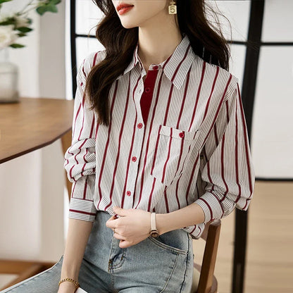 Shirts for Women New Slim Women's Clothing Fashion Polo-Neck Striped Womens Tops Long Sleeved Blouse Women OL Autumn Women Shirt