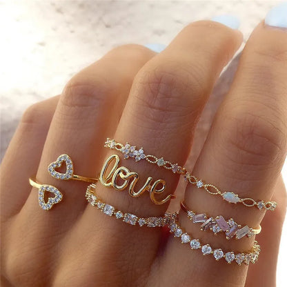 LETAPI 2024 New Fashion Bohemian Heart Ring Set For Women Crystal Stars Moon Flower Love Geometric Finger Vintage Jewelry Gifts