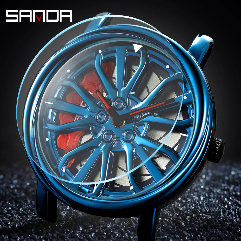 Sanda Hot Sell Fashion Sports Men WristWatch 360 Degree Rotating Car Wheel Quartz Watch Stainless Steel Waterproof Rim Hub Clock