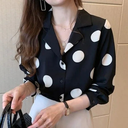 Polka Dot Women's Shirt Elegant Lapel Button-up Blouse Long Sleeve Summer  Tops Vintage Casual Female Clothing DF4931