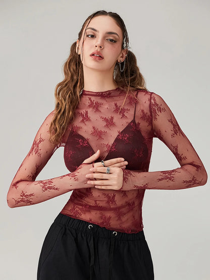 Sexy Lace Tops See Through Mesh Long Sleeve Crop Top Floral Sheer Fitted Tees Y2k Women Top Shirt Blouse