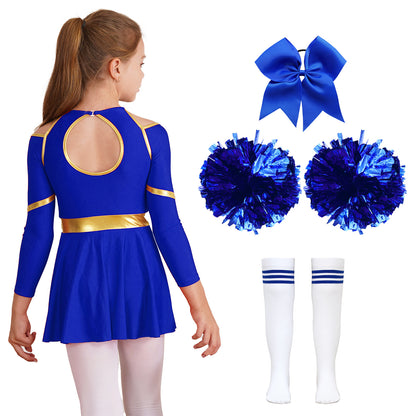 Kids Girls Cheerleader Costume Halloween Cheerleading Dress with Pom Poms Bow Hair Clip Socks Birthday Party Gifts