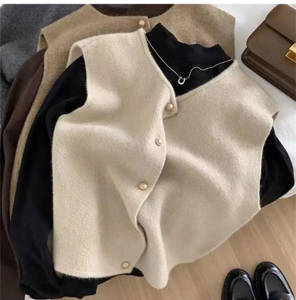 C.New S Autumn New Women Cardigan Korean Elegant Knitted Sleeveless Female Casual Sweater Tanks Slim Fashion Ladies Casual Tops