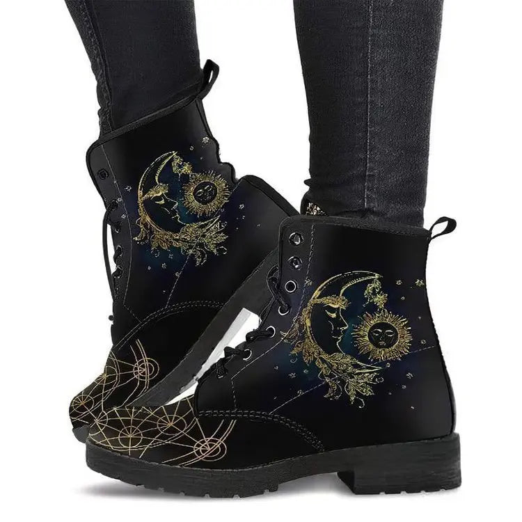 Women Ankle Boots Low Heels Shoes Woman Vintage PU Leather Autumn Warm Winter High Snow Boots 2022 Skull Flower Print Boots