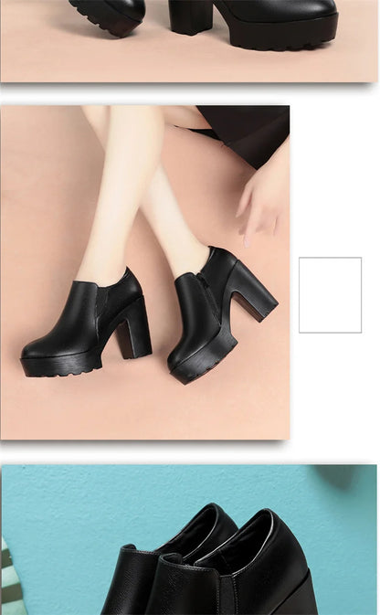 Comfortable Thick Bottom Deep Mouth Soft Leather Shoes 2024 Spring Block High Heels Single Shoes for Office Model Dance