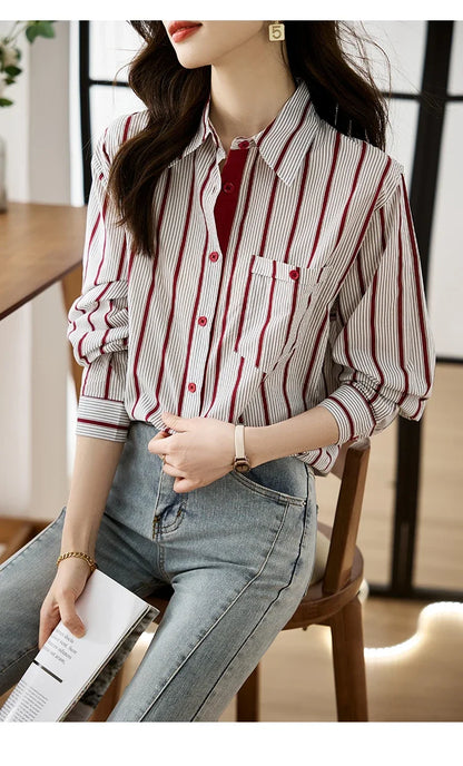 Shirts for Women New Slim Women's Clothing Fashion Polo-Neck Striped Womens Tops Long Sleeved Blouse Women OL Autumn Women Shirt