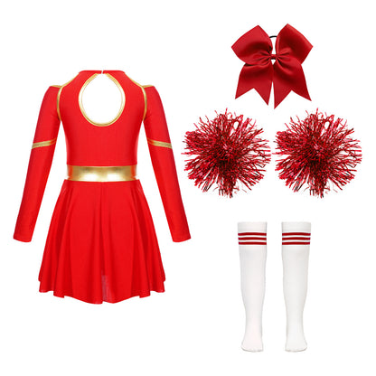 Kids Girls Cheerleader Costume Halloween Cheerleading Dress with Pom Poms Bow Hair Clip Socks Birthday Party Gifts