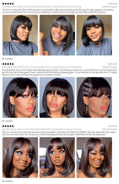 Short Bob Wig with Bangs Straight Human Hair Bob with Bangs Wig Human Hair 180% Density Straight Bang Bob Wig For Women