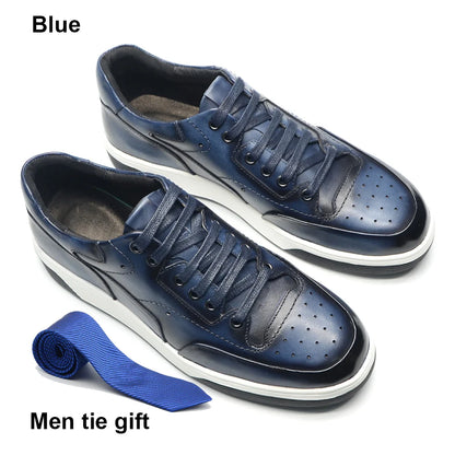 2024 New Genuine Leather Casual Shoes for Men Sneakers Soild Blue Black Sports Style Carved Breathable Business Social Flat Shoe