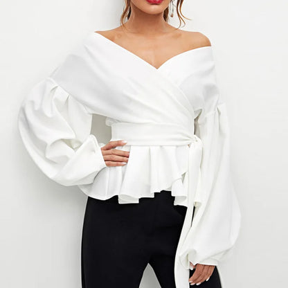 Fashion Elegant White Blouses Shirt Women's Sexy Off Shoulder V Neck Party Clothes For Women Lantern Sleeves Lace Up Slim Tops