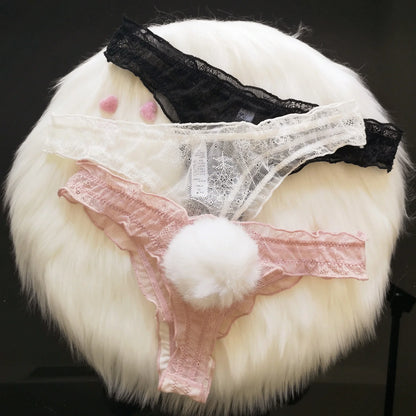 Cute Pompom Ball Sexy Women Thong Rabbit Tail Erotic Underwear T-back G-string Lace Trasparent Girls Panties Comfort M L