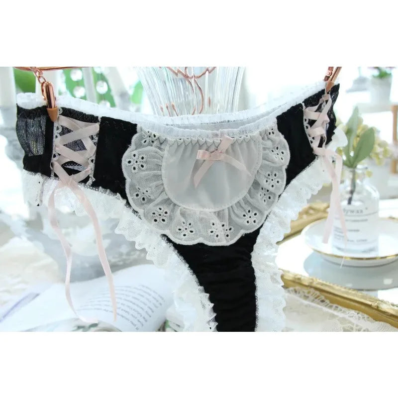 Japanese Modal Underwear Black and White Girl Lace Mid-waist Underwear Cotton Cute Women Kawaii Lingerie Panties