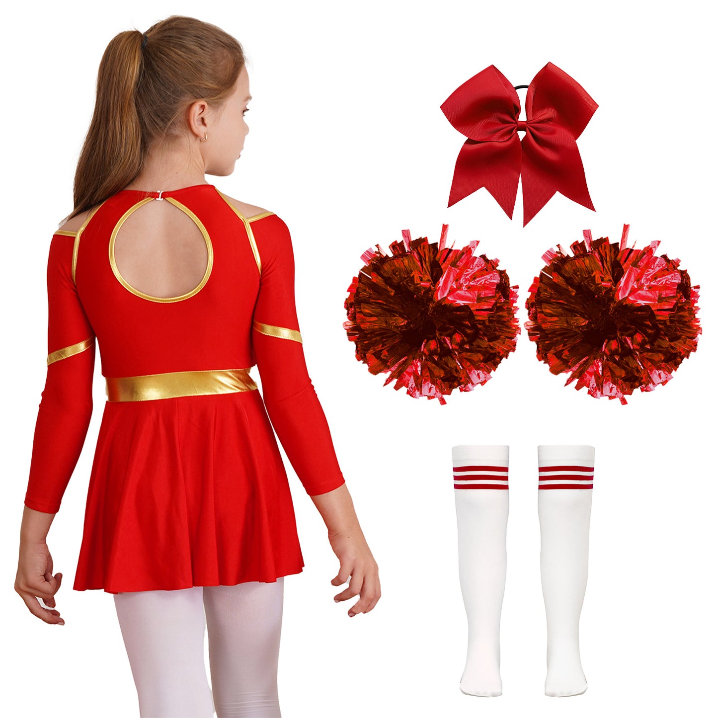 Kids Girls Cheerleader Costume Halloween Cheerleading Dress with Pom Poms Bow Hair Clip Socks Birthday Party Gifts